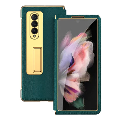 For Samsung Galaxy Z Fold3 5G Cross Texture Integrated Electroplating Hinge Flip Phone Case with Tempered Film(Cyan) by buy2fix