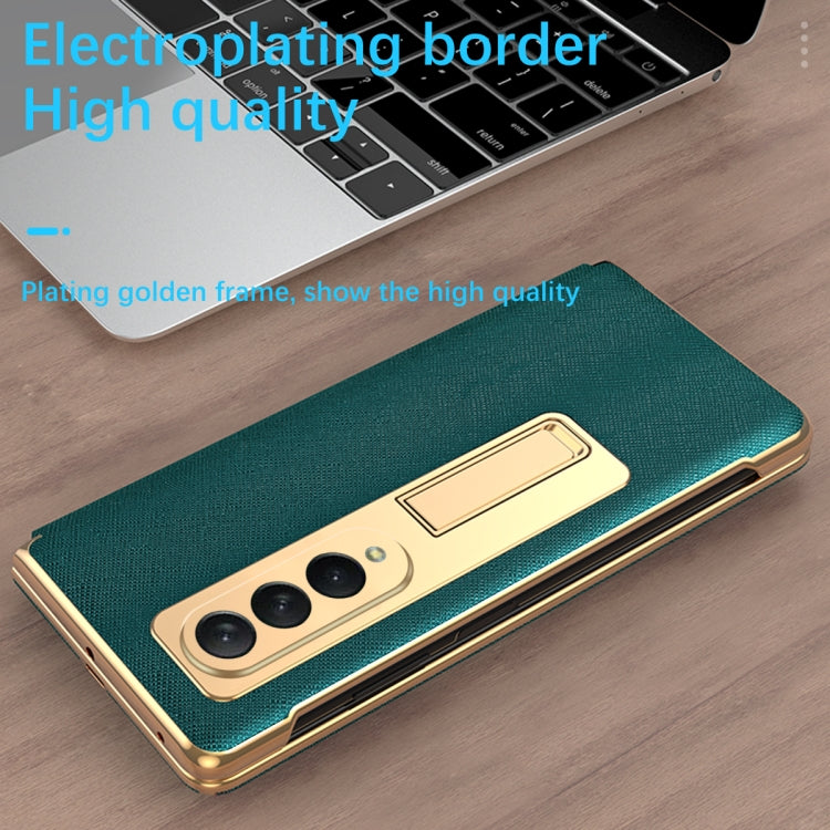For Samsung Galaxy Z Fold3 5G Cross Texture Integrated Electroplating Hinge Flip Phone Case with Tempered Film(Gold) by buy2fix