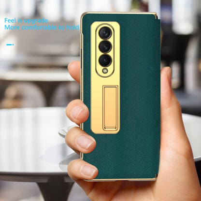 For Samsung Galaxy Z Fold3 5G Cross Texture Integrated Electroplating Hinge Flip Phone Case with Tempered Film(Gold) by buy2fix