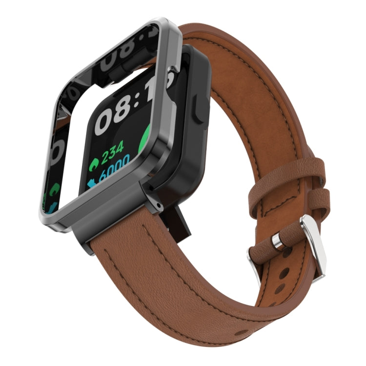 For Xiaomi Mi Watch Lite / Redmi Watch Genuine Leather Metal Case Integrated Watch Band(Brown) - Watch Bands by buy2fix | Online Shopping UK | buy2fix