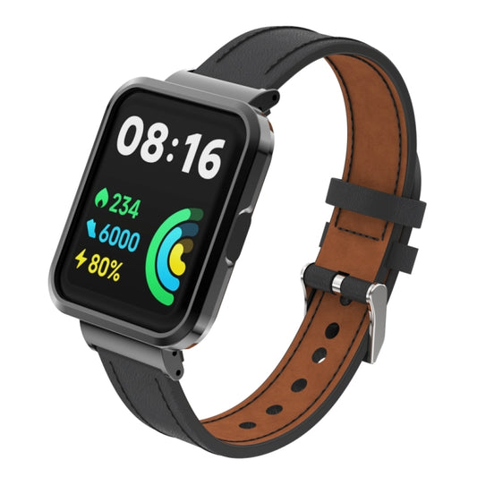 For Xiaomi Mi Watch Lite / Redmi Watch Genuine Leather Metal Case Integrated Watch Band(Black) - Watch Bands by buy2fix | Online Shopping UK | buy2fix