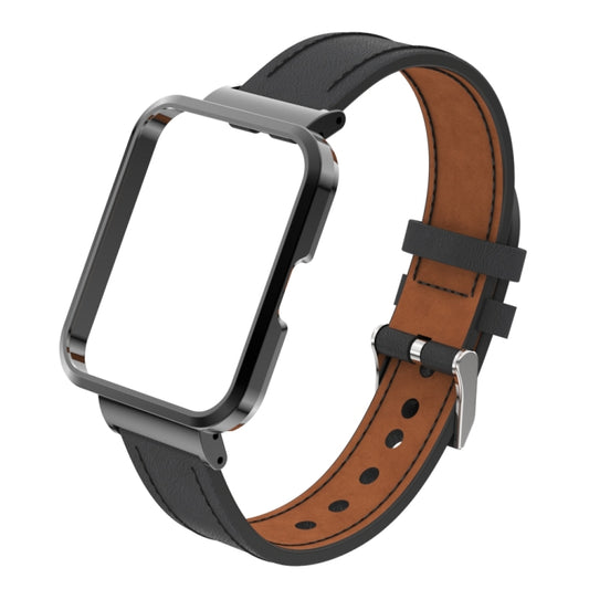 For Xiaomi Mi Watch Lite / Redmi Watch Genuine Leather Metal Case Integrated Watch Band(Black) - Watch Bands by buy2fix | Online Shopping UK | buy2fix