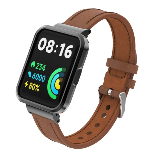 For Xiaomi Redmi Watch 2 Lite Genuine Leather Metal Case Integrated Watch Band(Brown) - Watch Bands by buy2fix | Online Shopping UK | buy2fix