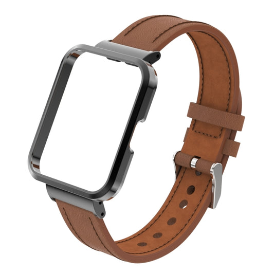 For Xiaomi Redmi Watch 2 Lite Genuine Leather Metal Case Integrated Watch Band(Brown) - Watch Bands by buy2fix | Online Shopping UK | buy2fix