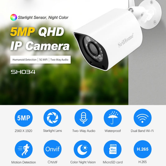 SriHome SH034 5.0MP Mini Dual 2.4 / 5G WiFi Outdoor IP66 Waterproof Video Surveillance Color Night Vision Security CCTV Cam, Plug Type:UK Plug(White) - Wireless Camera by buy2fix | Online Shopping UK | buy2fix