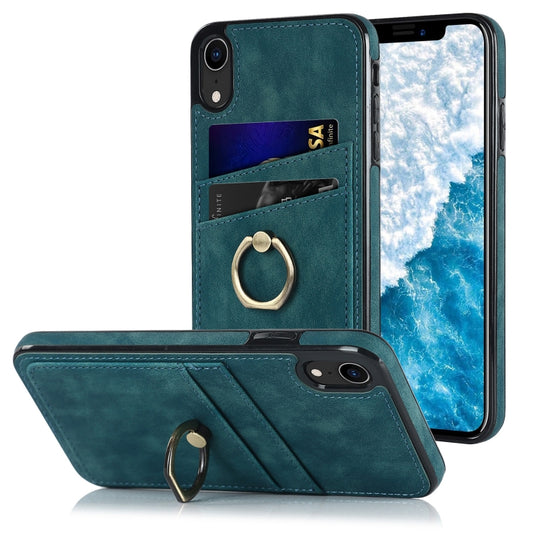 For iPhone XR Vintage Patch Leather Phone Case with Ring Holder(Blue) - More iPhone Cases by buy2fix | Online Shopping UK | buy2fix