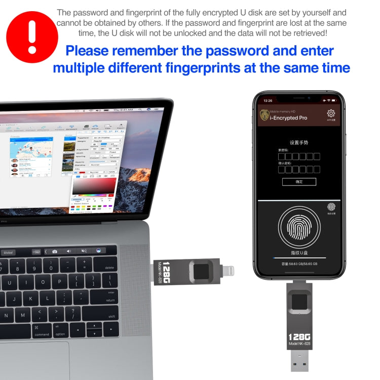 128GB NK-828 8 Pin + USB 2 in 1 Zinc Alloy U Disk with Fingerprint Unlock by buy2fix
