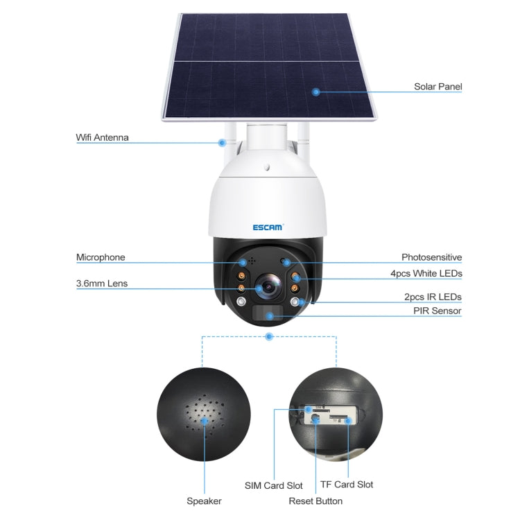 ESCAM QF724 3MP 24h Recording Cloud Storage PT 4G PIR Alarm IP Camera with Solar Panel, US Signal Bands - Wireless Camera by ESCAM | Online Shopping UK | buy2fix