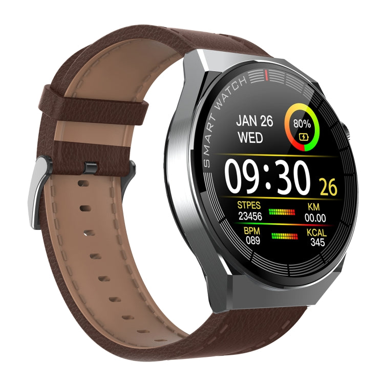 GW69 Plus Smart Watch, Support BT Call / Heart Rate / Blood Pressure / Blood Oxygen(Silver + Leather Strap Brown) by buy2fix