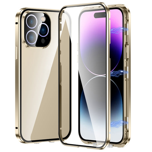 For iPhone 14 Pro Max Magnetic Double-buckle HD Tempered Glass Phone Case (Gold) - iPhone 14 Pro Max Cases by buy2fix | Online Shopping UK | buy2fix
