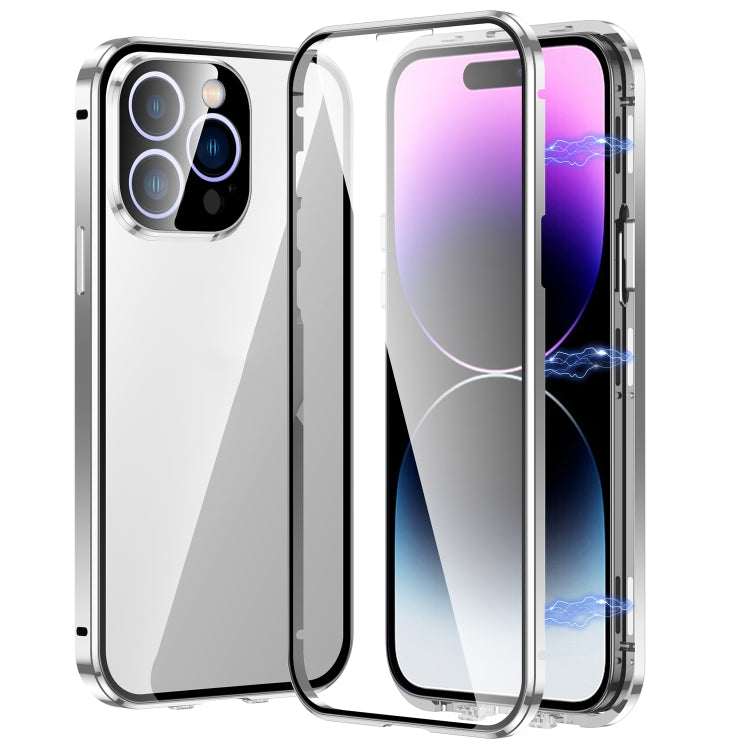 For iPhone 14 Pro Max Magnetic Double-buckle HD Tempered Glass Phone Case (Silver) - iPhone 14 Pro Max Cases by buy2fix | Online Shopping UK | buy2fix