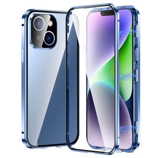For iPhone 14 Plus Magnetic Double-buckle HD Tempered Glass Phone Case (Blue) - iPhone 14 Plus Cases by buy2fix | Online Shopping UK | buy2fix