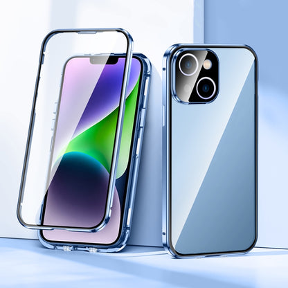 For iPhone 14 Plus Magnetic Double-buckle HD Tempered Glass Phone Case (Blue) - iPhone 14 Plus Cases by buy2fix | Online Shopping UK | buy2fix