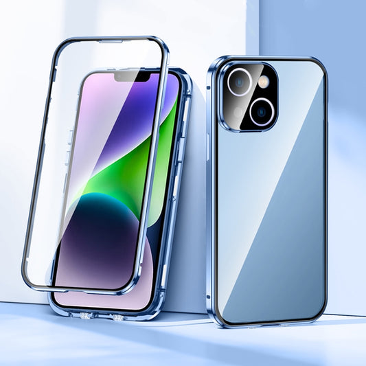 For iPhone 14 Plus Magnetic Double-buckle HD Tempered Glass Phone Case (Blue) - iPhone 14 Plus Cases by buy2fix | Online Shopping UK | buy2fix