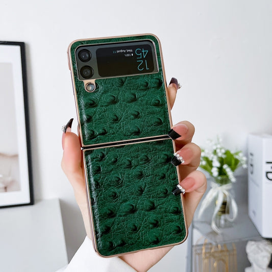 For Samsung Galaxy Z Flip3 5G Genuine Leather Ostrich Texture Nano Electroplating Phone Case(Green) by buy2fix