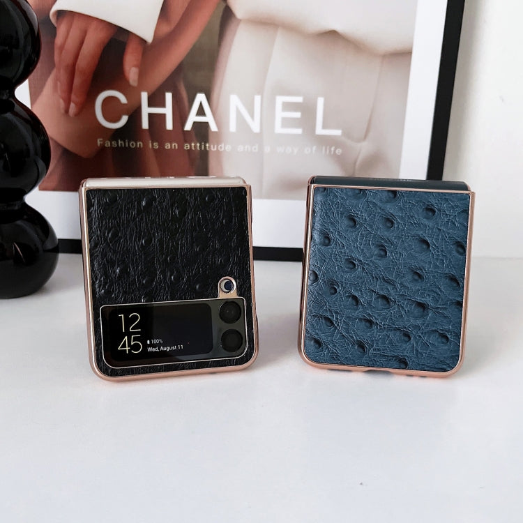 For Samsung Galaxy Z Flip3 5G Genuine Leather Ostrich Texture Nano Electroplating Phone Case(Blue) by buy2fix