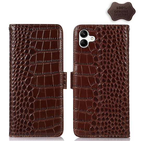 For Samsung Galaxy A04 4G Crocodile Top Layer Cowhide Leather Phone Case(Brown)