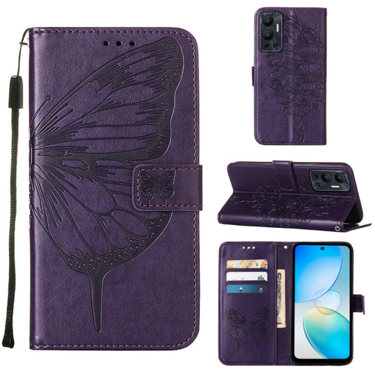 For Infinix Hot 12 X6817 Embossed Butterfly Flip Leather Phone Case(Dark Purple) - Infinix Cases by buy2fix | Online Shopping UK | buy2fix