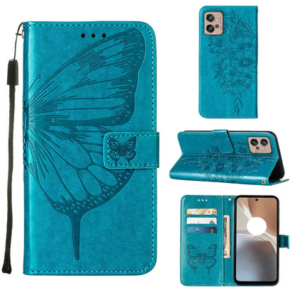 For Motorola Moto G32 Embossed Butterfly Flip Leather Phone Case(Blue) - Motorola Cases by buy2fix | Online Shopping UK | buy2fix