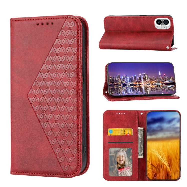 For Nothing Phone 1 Cubic Grid Calf Texture Magnetic Closure Leather Phone Case(Red) - Nothing Cases by buy2fix | Online Shopping UK | buy2fix