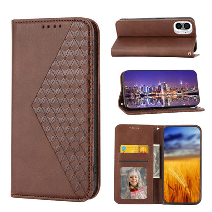 For Nothing Phone 1 Cubic Grid Calf Texture Magnetic Closure Leather Phone Case(Brown) - Nothing Cases by buy2fix | Online Shopping UK | buy2fix