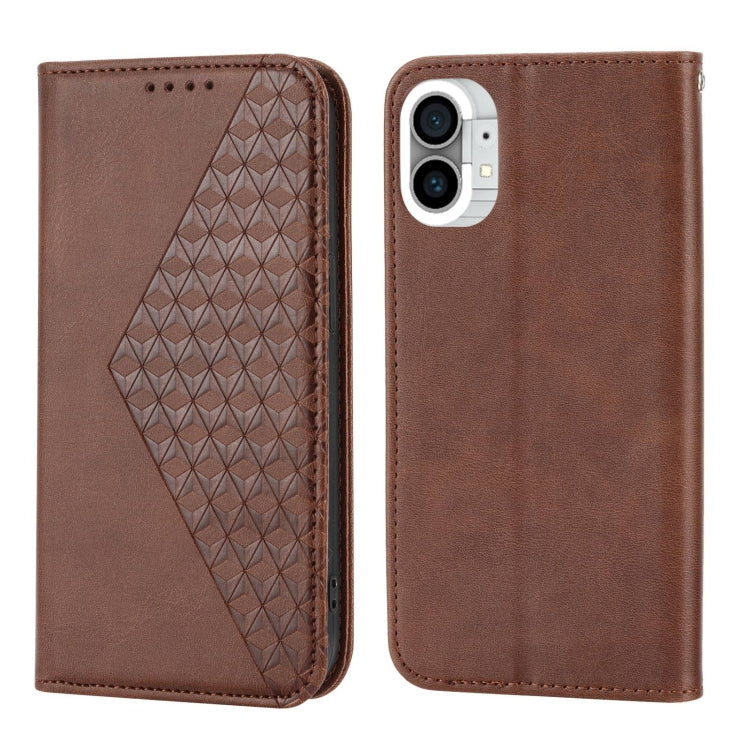 For Nothing Phone 1 Cubic Grid Calf Texture Magnetic Closure Leather Phone Case(Brown) - Nothing Cases by buy2fix | Online Shopping UK | buy2fix