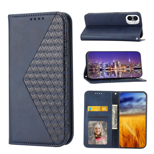 For Nothing Phone 1 Cubic Grid Calf Texture Magnetic Closure Leather Phone Case(Blue) - Nothing Cases by buy2fix | Online Shopping UK | buy2fix