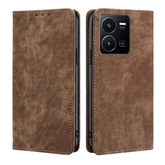 For vivo Y35 4G / Y22 / Y22s RFID Anti-theft Brush Magnetic Leather Phone Case(Brown) - vivo Cases by buy2fix | Online Shopping UK | buy2fix