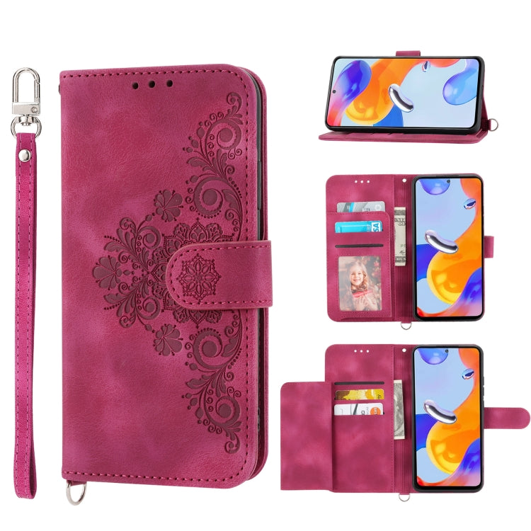 For Xiaomi Redmi Note 11 Pro Skin-feel Flowers Embossed Wallet Leather Phone Case(Wine Red) by buy2fix