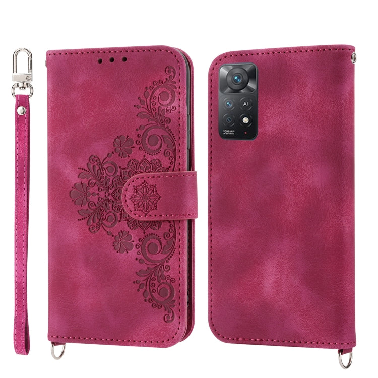 For Xiaomi Redmi Note 11 Pro Skin-feel Flowers Embossed Wallet Leather Phone Case(Wine Red) by buy2fix