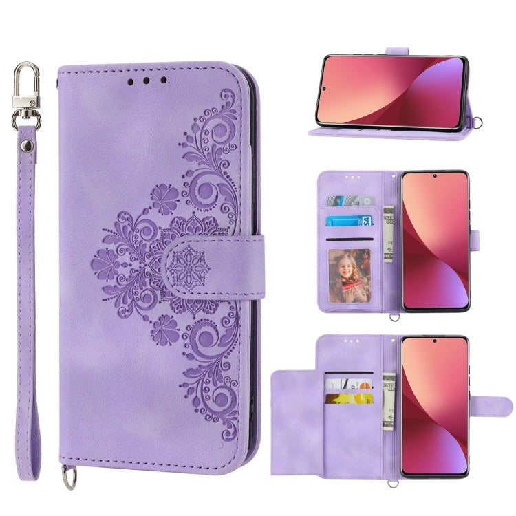For Xiaomi 12 / 12X Skin-feel Flowers Embossed Wallet Leather Phone Case(Purple) by buy2fix
