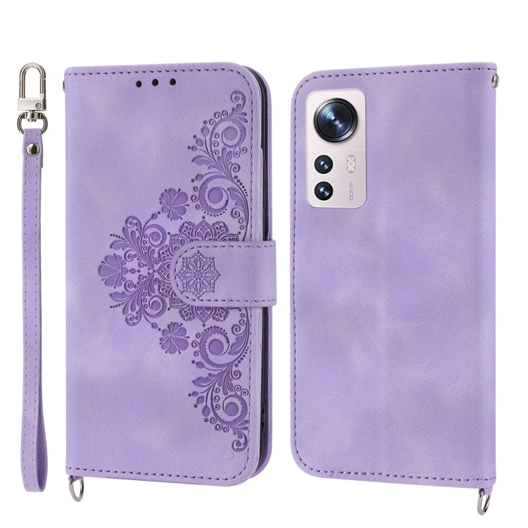 For Xiaomi 12 / 12X Skin-feel Flowers Embossed Wallet Leather Phone Case(Purple) by buy2fix