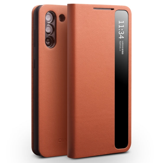 For Samsung Galaxy S21 5G QIALINO Genuine Leather Side Window View Smart Phone Case(Brown)