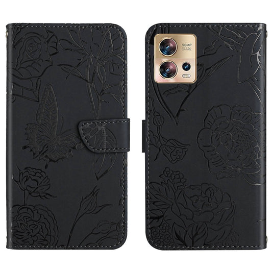 For Motorola Edge 30 Fusion/Moto S30 Pro HT03 Skin Feel Butterfly Embossed Flip Leather Phone Case(Black) - Motorola Cases by buy2fix | Online Shopping UK | buy2fix