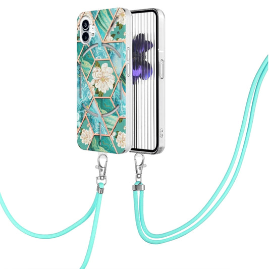 For Nothing Phone 1 Electroplating Splicing Marble Flower Pattern TPU Shockproof Case with Lanyard(Blue Flower) - Nothing Cases by buy2fix | Online Shopping UK | buy2fix
