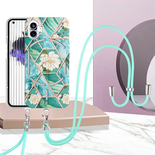 For Nothing Phone 1 Electroplating Splicing Marble Flower Pattern TPU Shockproof Case with Lanyard(Blue Flower) - Nothing Cases by buy2fix | Online Shopping UK | buy2fix