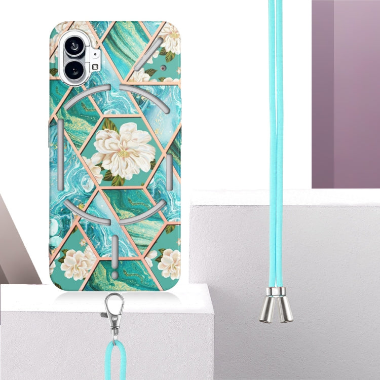 For Nothing Phone 1 Electroplating Splicing Marble Flower Pattern TPU Shockproof Case with Lanyard(Blue Flower) - Nothing Cases by buy2fix | Online Shopping UK | buy2fix