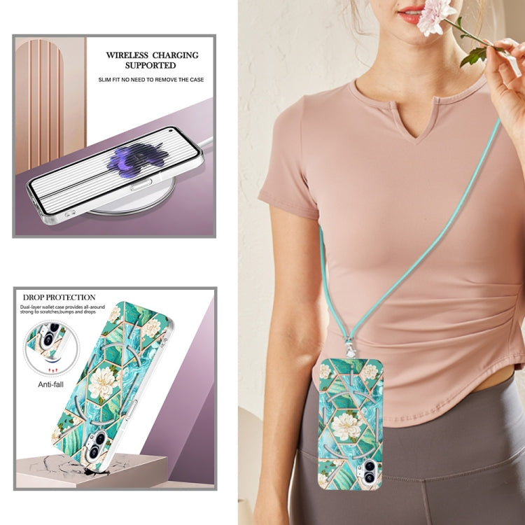 For Nothing Phone 1 Electroplating Splicing Marble Flower Pattern TPU Shockproof Case with Lanyard(Blue Flower) - Nothing Cases by buy2fix | Online Shopping UK | buy2fix