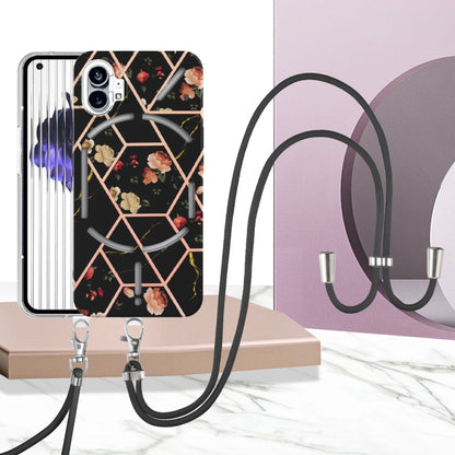 For Nothing Phone 1 Electroplating Splicing Marble Flower Pattern TPU Shockproof Case with Lanyard(Black Flower) - Nothing Cases by buy2fix | Online Shopping UK | buy2fix