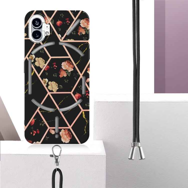 For Nothing Phone 1 Electroplating Splicing Marble Flower Pattern TPU Shockproof Case with Lanyard(Black Flower) - Nothing Cases by buy2fix | Online Shopping UK | buy2fix