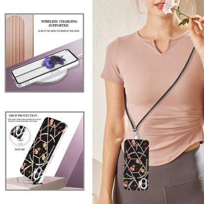 For Nothing Phone 1 Electroplating Splicing Marble Flower Pattern TPU Shockproof Case with Lanyard(Black Flower) - Nothing Cases by buy2fix | Online Shopping UK | buy2fix