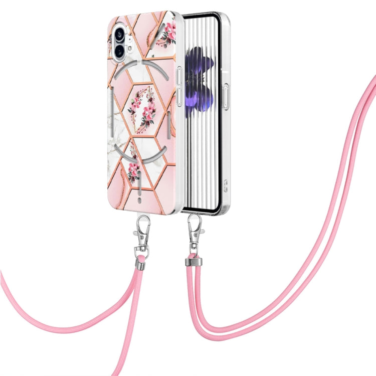 For Nothing Phone 1 Electroplating Splicing Marble Flower Pattern TPU Shockproof Case with Lanyard(Pink Flower) - Nothing Cases by buy2fix | Online Shopping UK | buy2fix