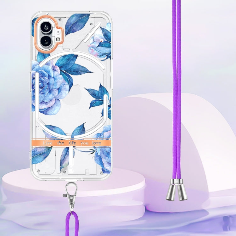 For Nothing Phone 1 Flowers Series TPU Phone Case with Lanyard(Blue Peony) by buy2fix