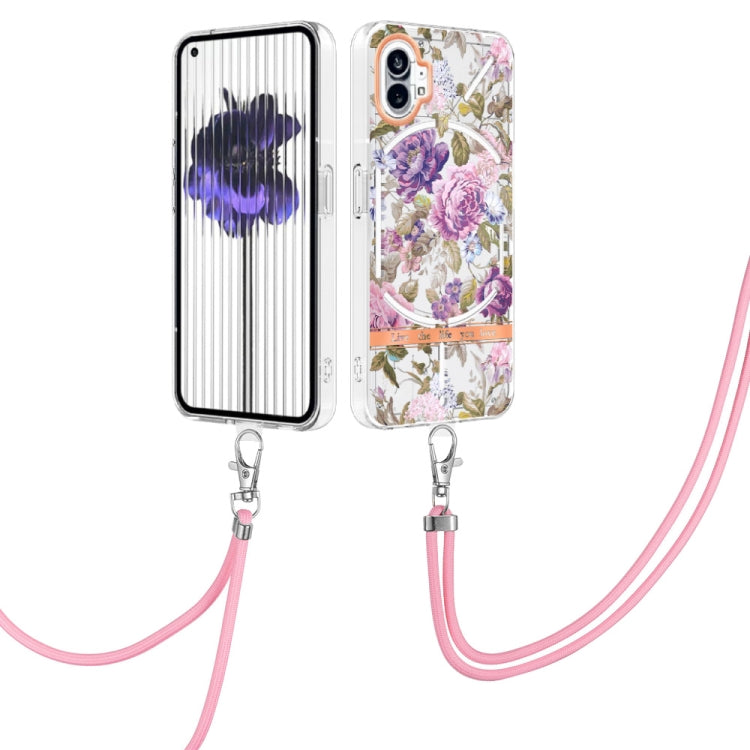 For Nothing Phone 1 Flowers Series TPU Phone Case with Lanyard(Purple Peony) by buy2fix