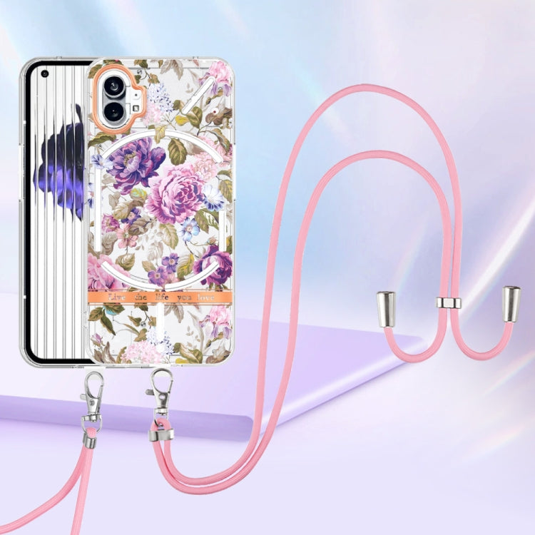 For Nothing Phone 1 Flowers Series TPU Phone Case with Lanyard(Purple Peony) by buy2fix