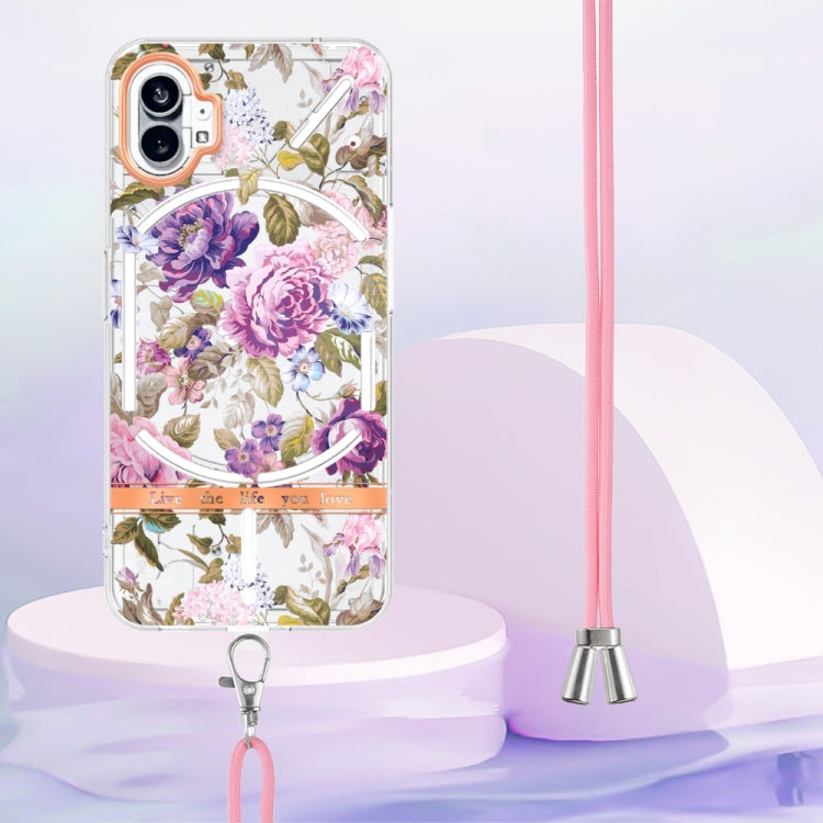For Nothing Phone 1 Flowers Series TPU Phone Case with Lanyard(Purple Peony) by buy2fix