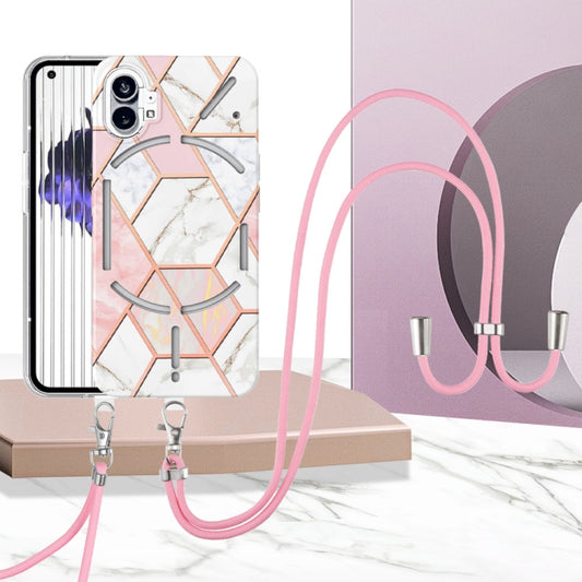 For Nothing Phone 1 Electroplating Splicing Marble TPU Phone Case with Lanyard(Pink White) - Nothing Cases by buy2fix | Online Shopping UK | buy2fix