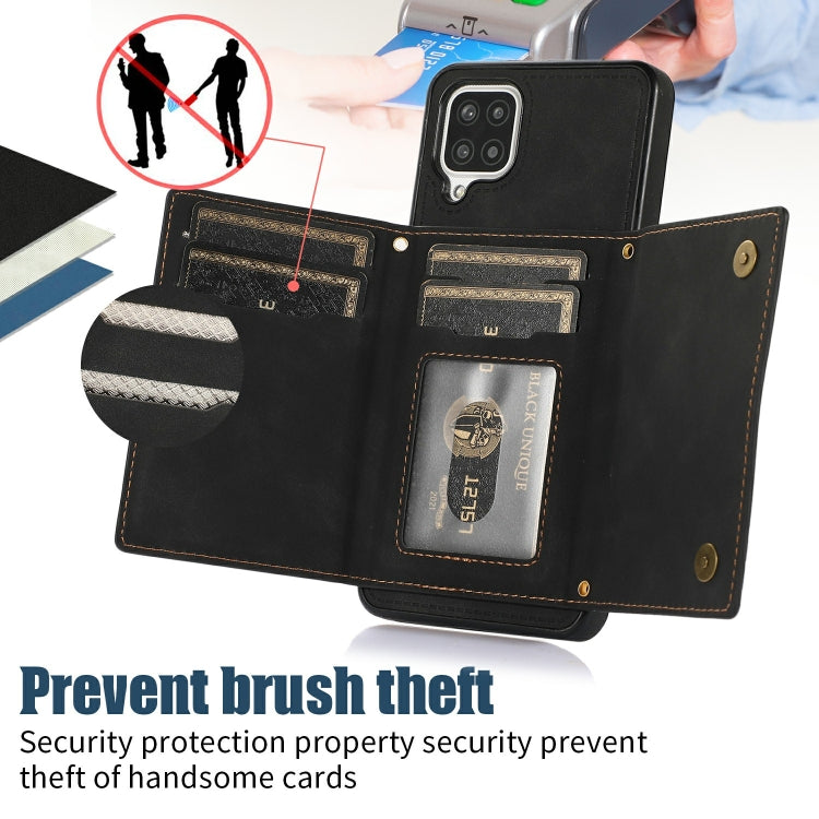 For Samsung Galaxy A12 Three-fold RFID Leather Phone Case with Lanyard(Black) by buy2fix