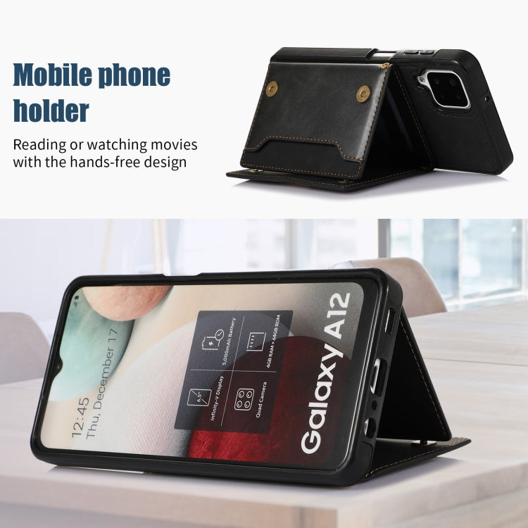 For Samsung Galaxy A12 Three-fold RFID Leather Phone Case with Lanyard(Black) by buy2fix