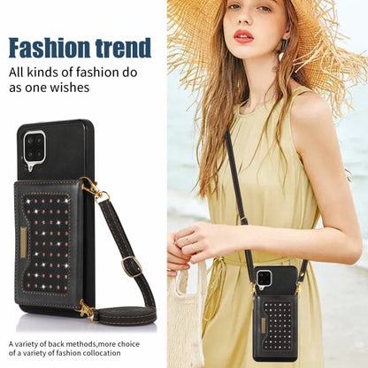 For Samsung Galaxy A12 Three-fold RFID Leather Phone Case with Lanyard(Black) by buy2fix